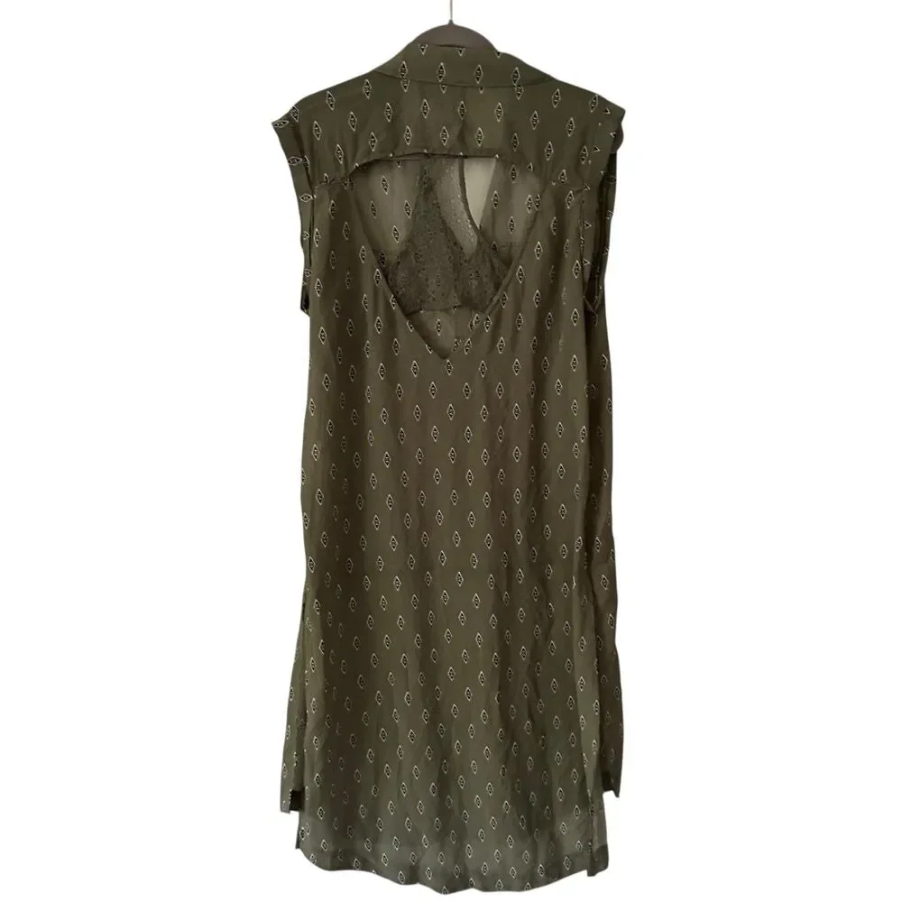 Free People Green and‎ Black Diamond Sheer V-Neck Sleeveless Midi Dress Size M - Picture 2 of 7